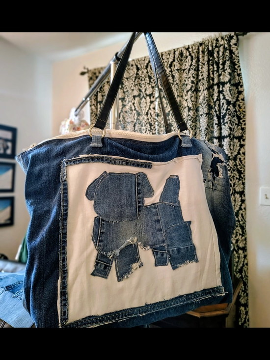 Handmade Handbags - Denim Patchwork Tote Bag with Puppy 💜 Handmade Abstract